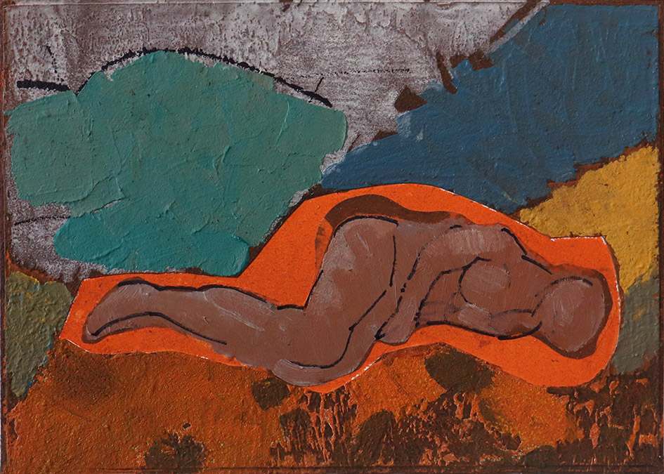 Auf orangenem Grund, Emulsionsfarbe auf Hartpappe, 21x30 cm, 2023