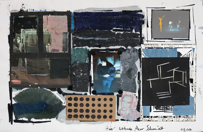 Hier wohnte Herr Schmidt, Acryl-Collage auf Papier, 55x75 cm, 2020
