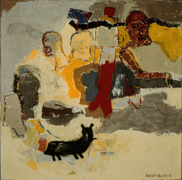 Holzbildhauer Mebius, 1988, Emulsionsfarbe auf Leinwand, 140 x 140 cm (K)