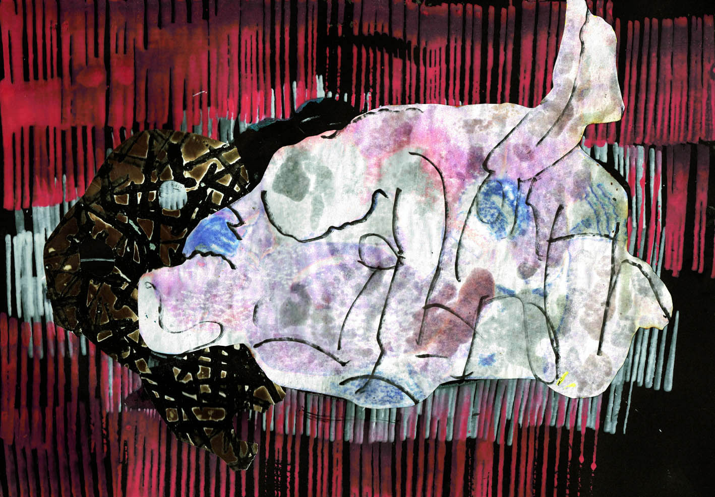 Kickboxing 2021, Zeichnung-Collage, 29x40 cm