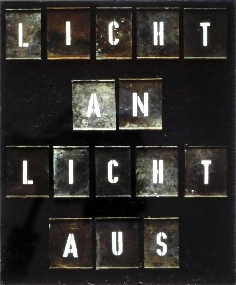 Licht an Licht aus, 1993, B-Modul Teer,Leder, 90 x 75 cm