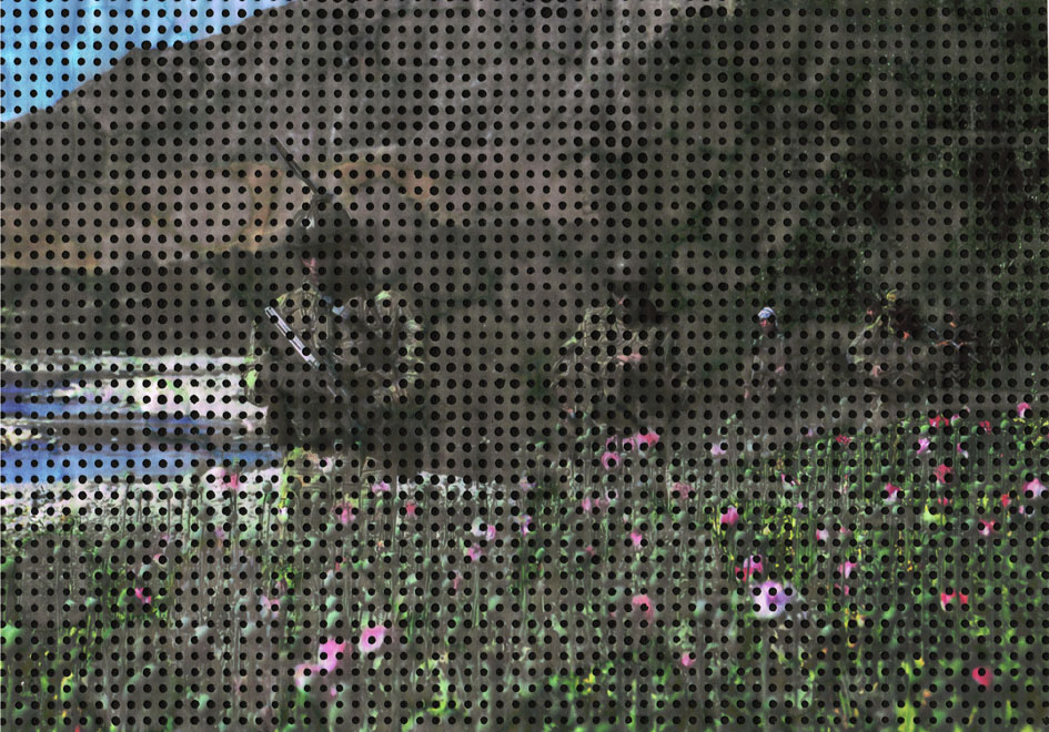 Mohnfeld in voller Blüte, 29x41 cm, Betonraster auf Tuschzeichnung über Digitaldruck, 2017