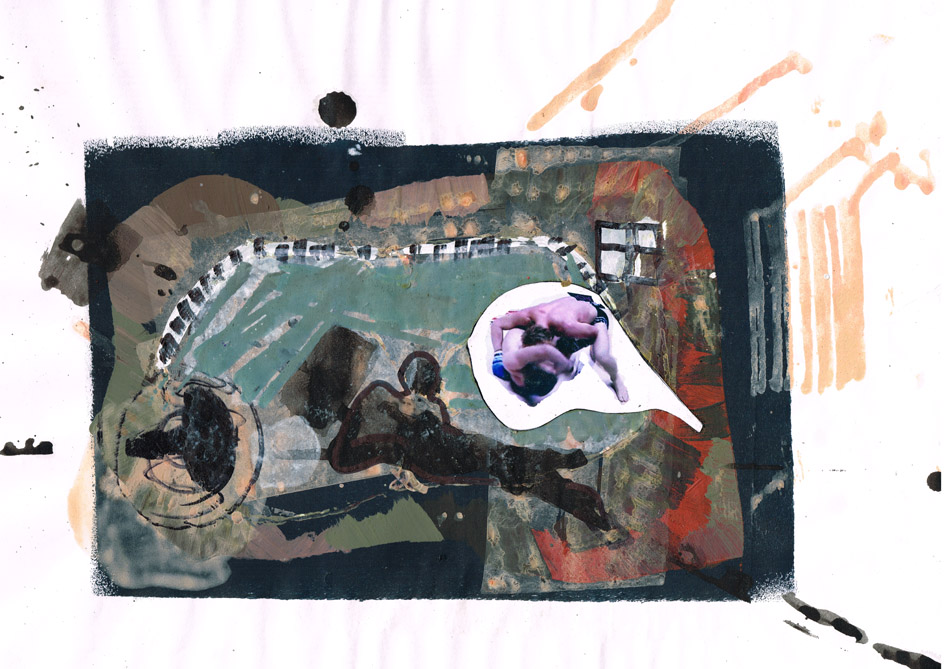 Studie, Kickboxing, 27x36 cm, 2021, Collage, Farbe auf Papier, 2021