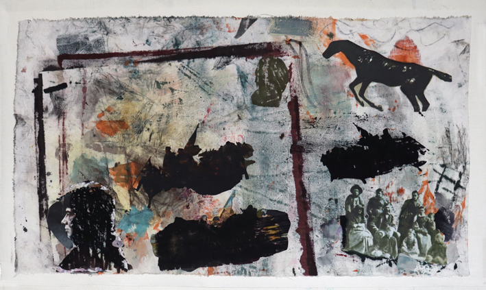 Washington crossing of....(die frühen Siedler), 2021, 50x85 cm, Acryl-Collage auf Leinen